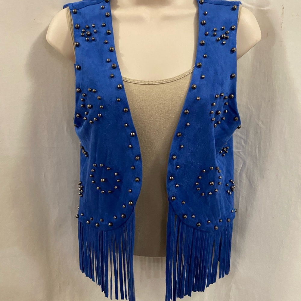 Vocal Stud Embellished Fringe Vest, feels like suede but washable, Royal Blue .